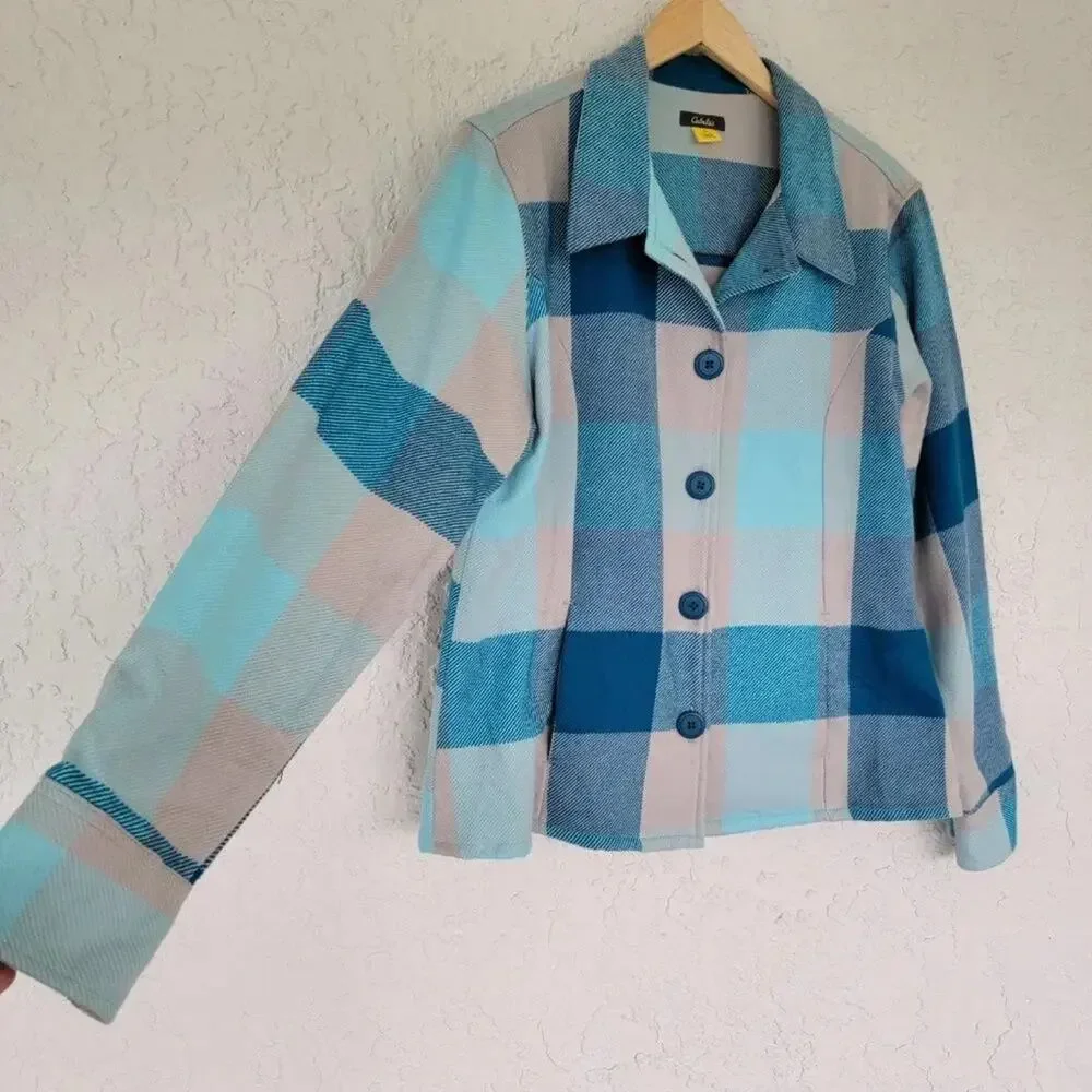 Cabelas Plaid Flannel Shacket Turquoise Gray Women Size L Button Down Cotton